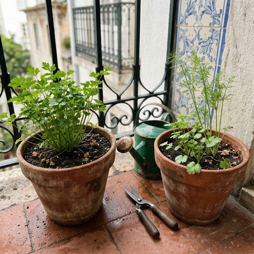 Vasos de Ervas para a Cozinha Portuguesa: Guia Prático 7 Vasos de barro com salsa-de-folha-lisa (Petroselinum crispum) e coentros (Coriandrum sativum) numa varanda portuguesa.