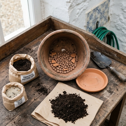 Vasos de Ervas para a Cozinha Portuguesa: Guia Prático 9 Vaso de barro vazio com camada de argila expandida no fundo, ao lado de sacos de substrato e areia grossa.