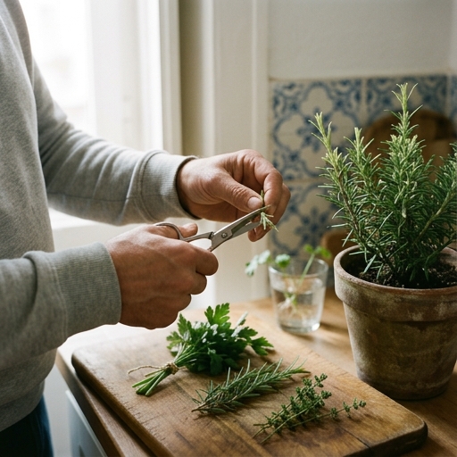Vasos de Ervas para a Cozinha Portuguesa: Guia Prático 10 Mãos a cortar raminhos de alecrim (Rosmarinus officinalis) com tesoura sobre tábua de madeira, ao lado de molho de salsa.