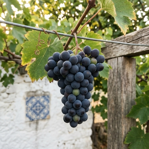 Videiras em Latada: Sombra, Uvas e Vinho da Casa 7 Cacho de uva moscatel (Vitis vinifera 'Moscatel de Hamburgo') a amadurecer entre folhas de videira ao sol do final de verão.
