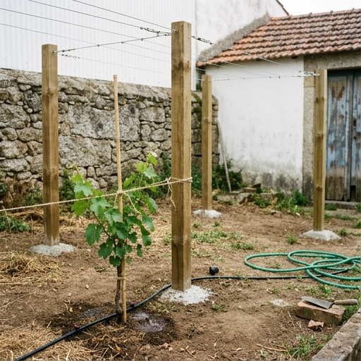 Videiras em Latada: Sombra, Uvas e Vinho da Casa 8 Estrutura de latada com postes de madeira tratada e arames galvanizados tensionados num quintal português.