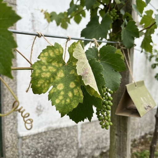 Videiras em Latada: Sombra, Uvas e Vinho da Casa 9 Folhas de videira (Vitis vinifera) com sinais iniciais de míldio — manchas amareladas no canto de uma latada doméstica.
