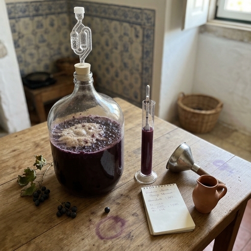 Videiras em Latada: Sombra, Uvas e Vinho da Casa 10 Garrafão de vidro com mosto de uva em fermentação, batoque hidráulico e densímetro sobre mesa de cozinha portuguesa.