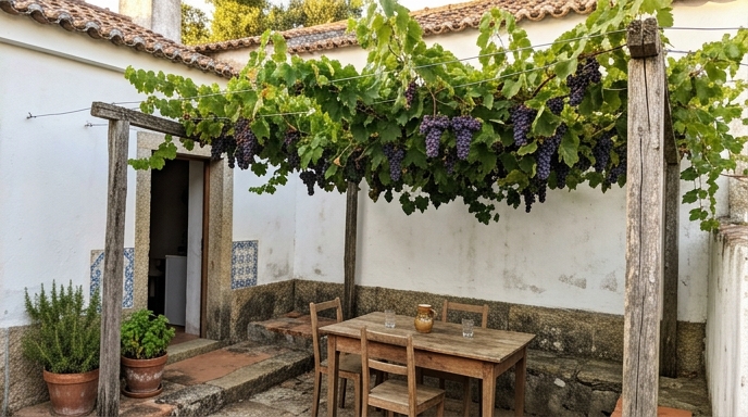 Latada de videira (Vitis vinifera) sobre pátio português, com cachos pendentes e sombra fresca a meio da tarde.